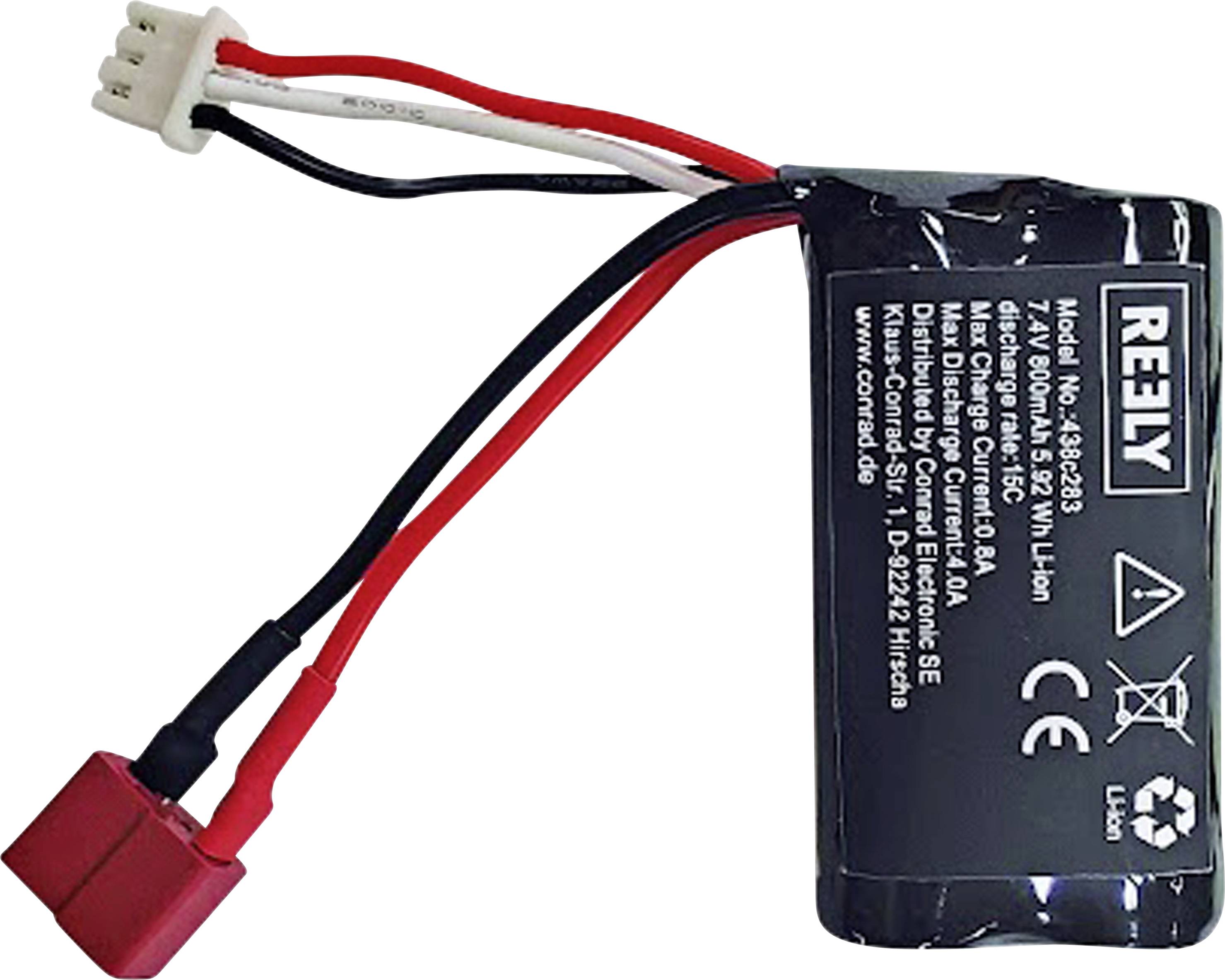 Small REELY lithium battery pack with red and black wires and a white connector, shown on a white background.