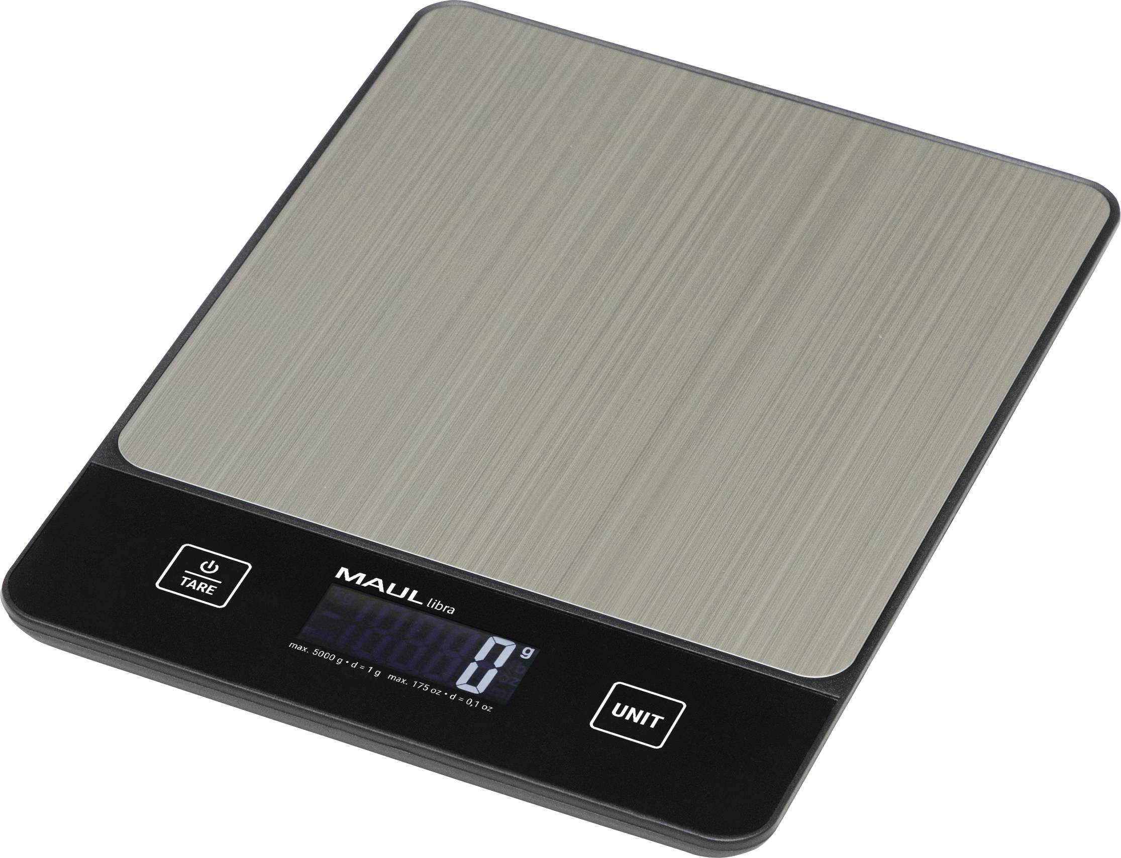 A digital kitchen scale displaying '0' grams, with tare and unit buttons, on a wooden surface.