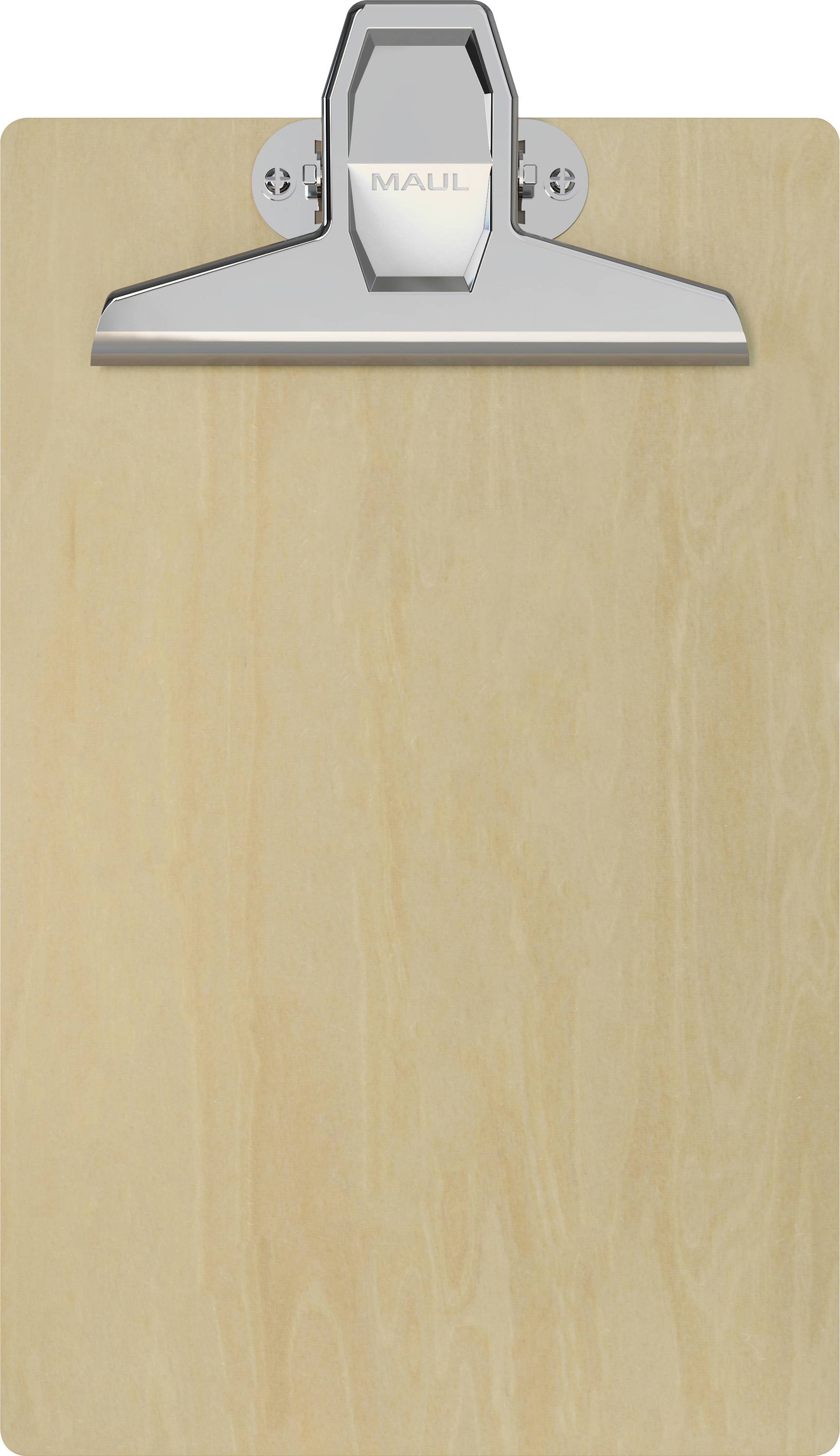 A wooden clipboard with a shiny metal clip at the top, facing upwards, positioned against a plain white background.