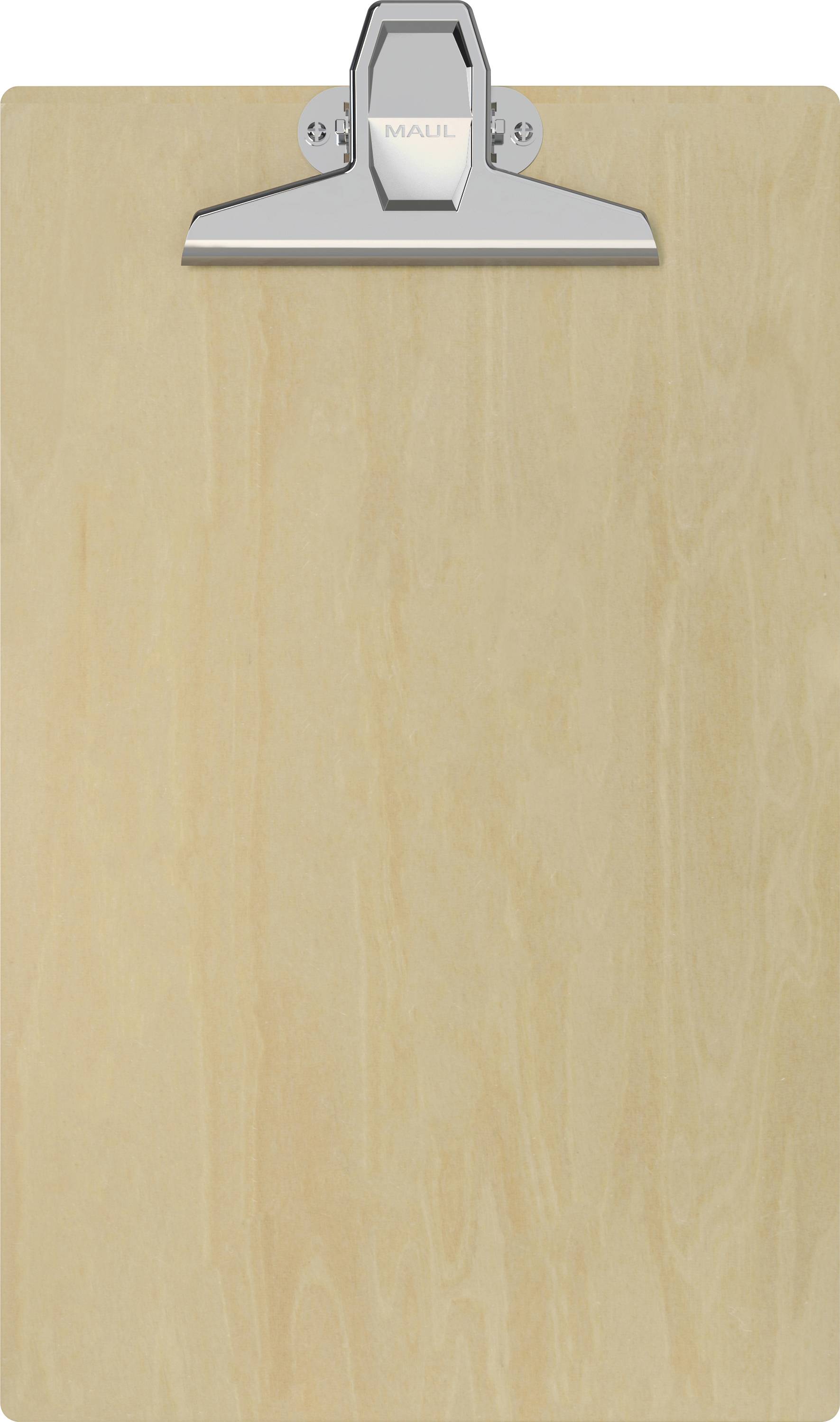 A plain wooden clipboard with a metal clip at the top for holding papers.