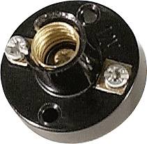 A round, black lamp socket with a brass interior and two screws for mounting.