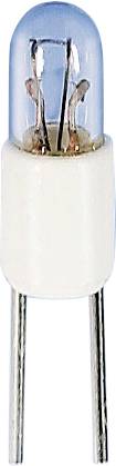 A small white LED with a clear dome and two metal prongs, commonly used in electronic devices for illumination.