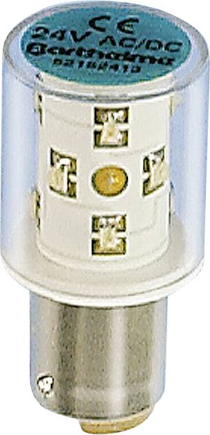 A small LED bulb with a cylindrical casing, designed for AC/DC power. It features multiple LED lights and a paper label on top.