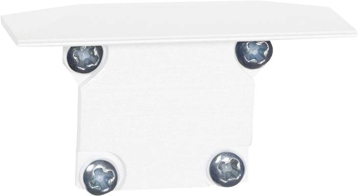 A white metal clip with four blue-tinted screws, used for securing building materials.