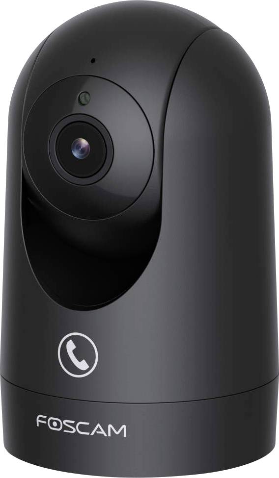 A black Foscam surveillance camera with a spherical design featuring a central lens and a branding logo at the base.
