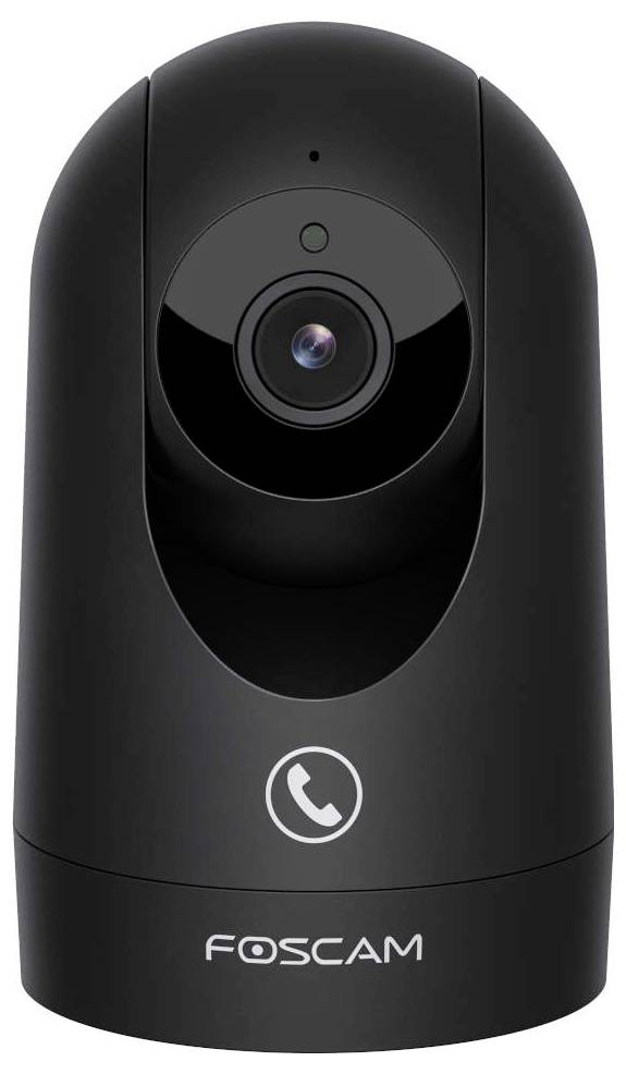 A black Foscam security camera, featuring a spherical design with a central lens and company logo below.