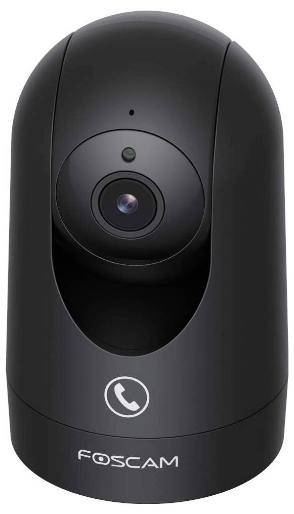 A black Foscam security camera with a sleek, rounded design. The camera lens is centrally placed above an engraved phone icon.