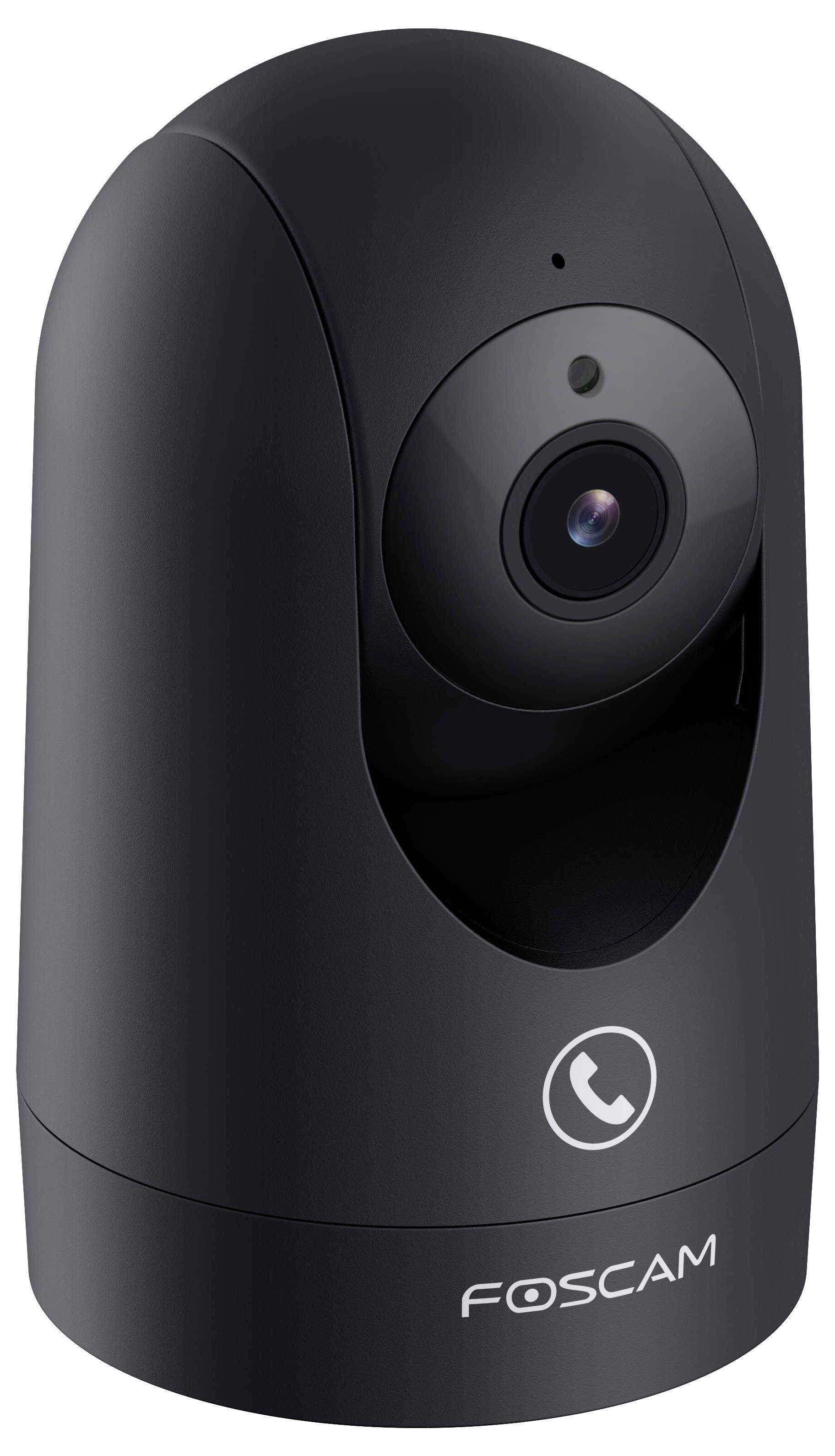 A black Foscam security camera with a lens and a phone icon on the front, designed for indoor surveillance and remote communication.