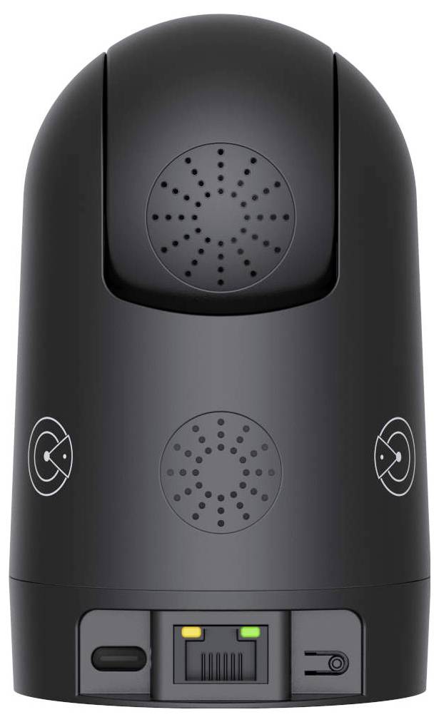 A black electronic device with a rotating camera, speaker vents, and connectivity ports on the base, likely for monitoring or security.