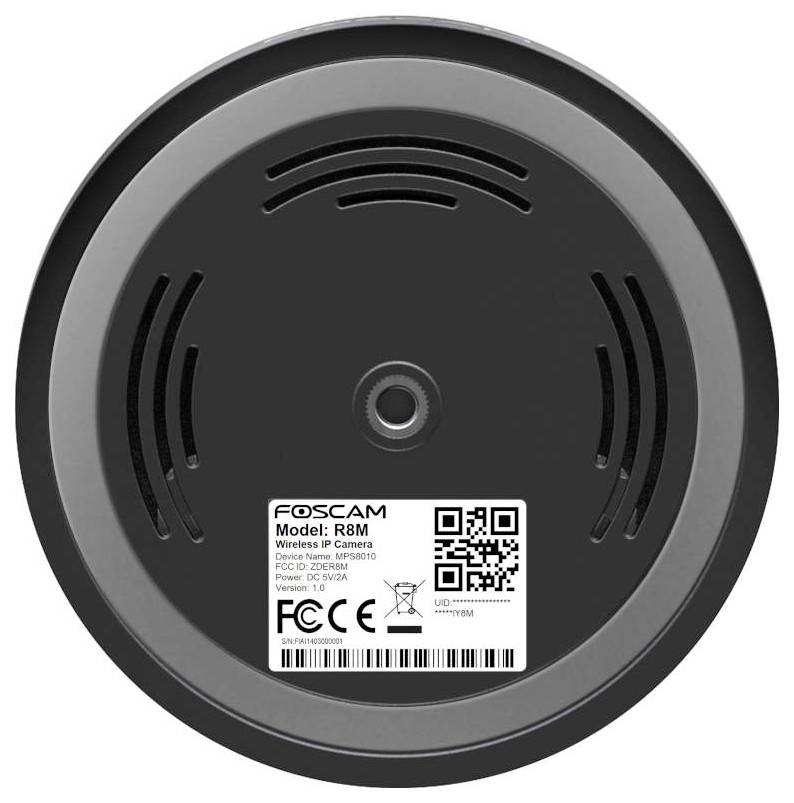 Bottom view of a Foscam R8M wireless IP camera, showing ventilation slots and a label with the model name, serial number, and QR code.