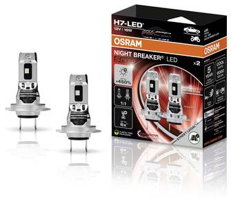 Box of 'OSRAM Night Breaker LED' car headlight bulbs next to two individual bulbs. Packaging highlights performance and lifespan.