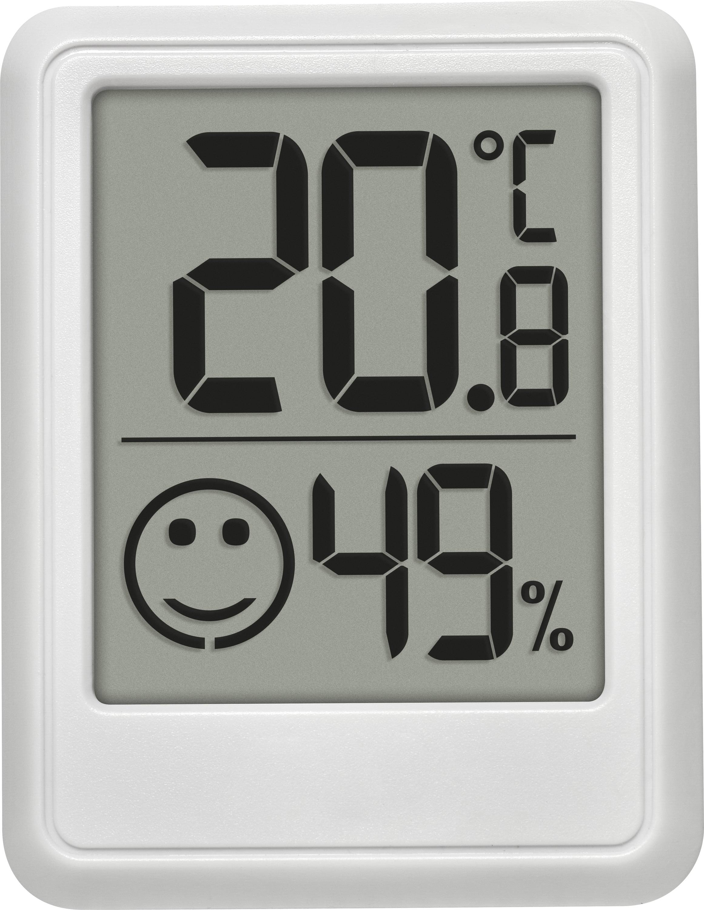 Digital thermometer displaying '20.8°C' and humidity '49%' with a happy face icon, indicating comfortable conditions.
