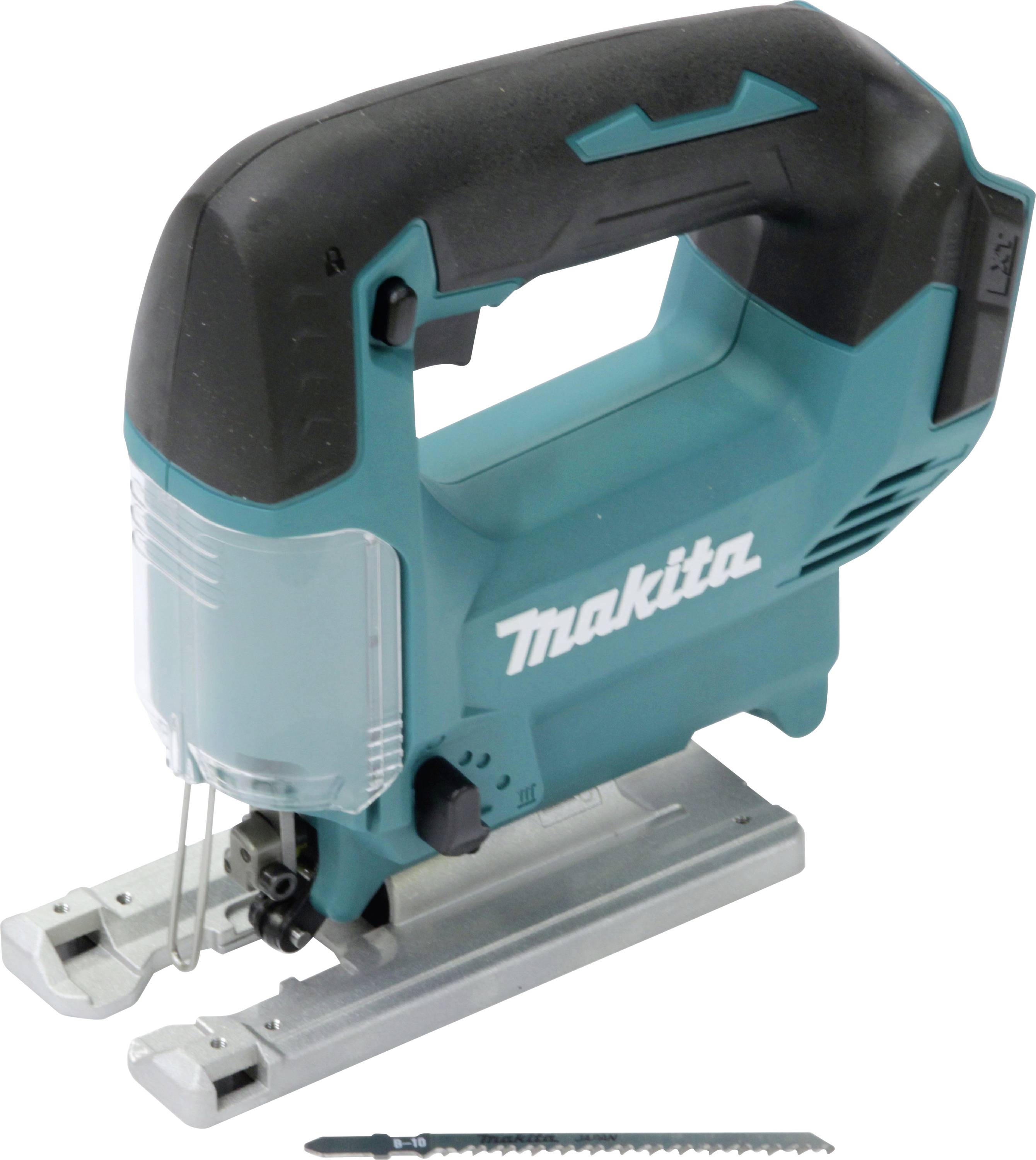 A teal and black handheld jigsaw on a white background, including a separate jagged blade, suitable for cutting various materials.