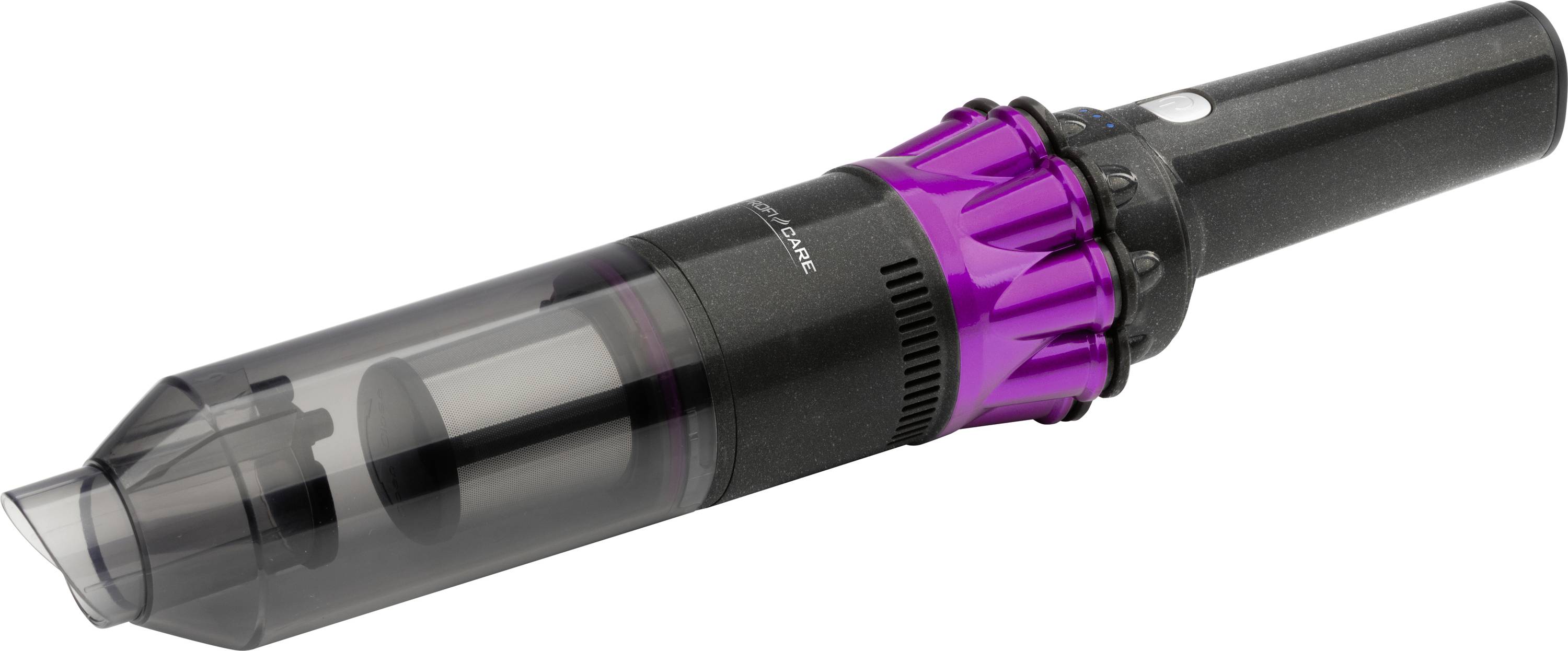 A handheld vacuum cleaner with a transparent dust container and purple accents, designed for versatile cleaning tasks.