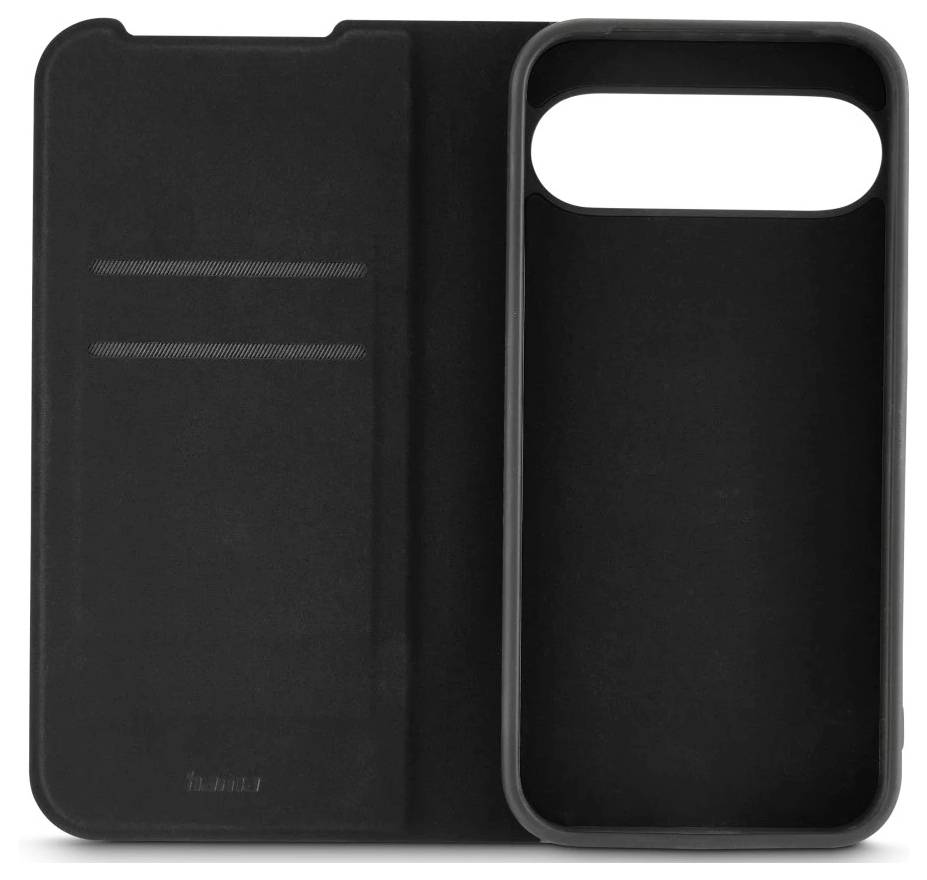 Black phone case with a flip cover, showing card slots on the inside left and an opening for camera lenses on the right.
