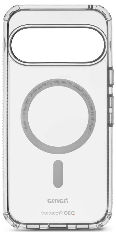 Transparent phone case for Hama P30; features circular magnet for wireless charging alignment; clear, with reinforced corners for protection.