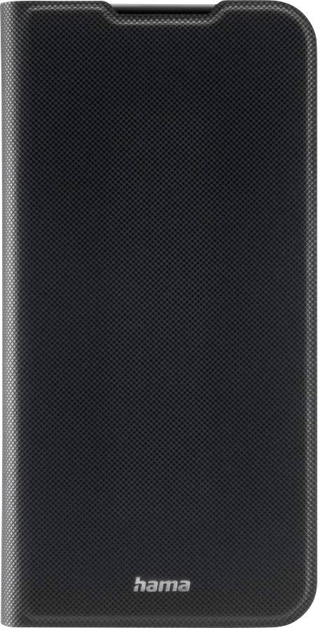 A black phone case with a textured surface, branded 'hama' at the bottom, designed to protect smartphones.