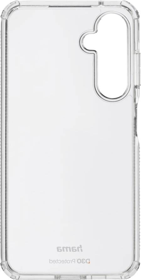 A transparent phone case with a cloud-shaped cutout, designed for camera protection. The brand name 'Hama' is visible on the bottom.