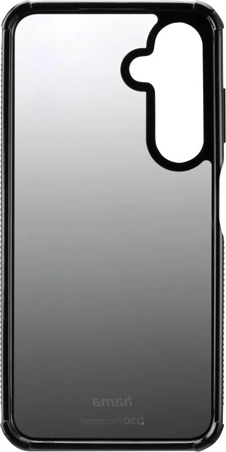 Transparent phone case with a black border, featuring an opening for the camera and buttons, designed to fit a specific smartphone model.