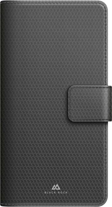 A textured black phone wallet case with a magnetic closure, designed for secure and stylish protection, featuring the brand logo at the bottom.