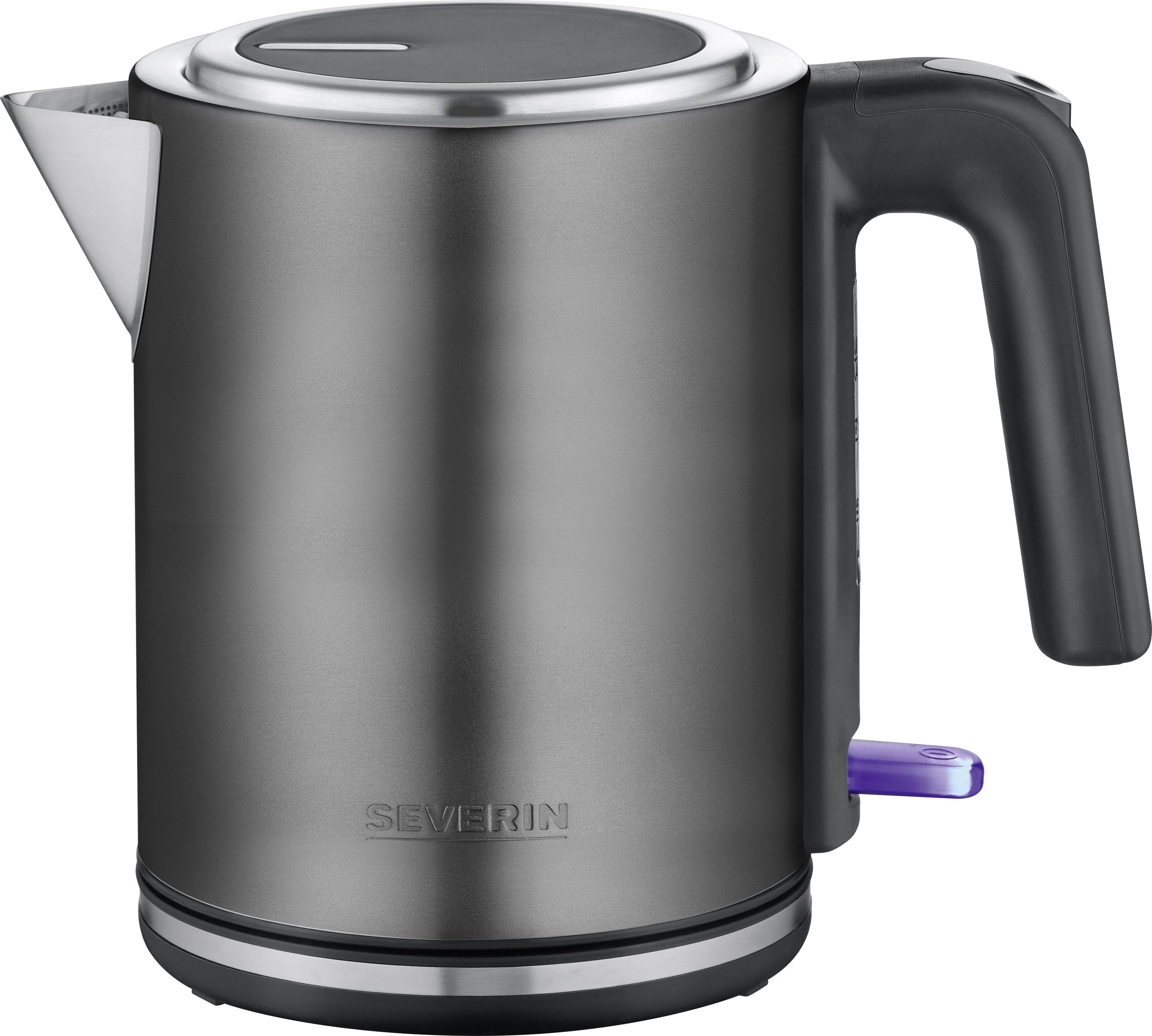 A black electric kettle with a modern design and handle on the right side.