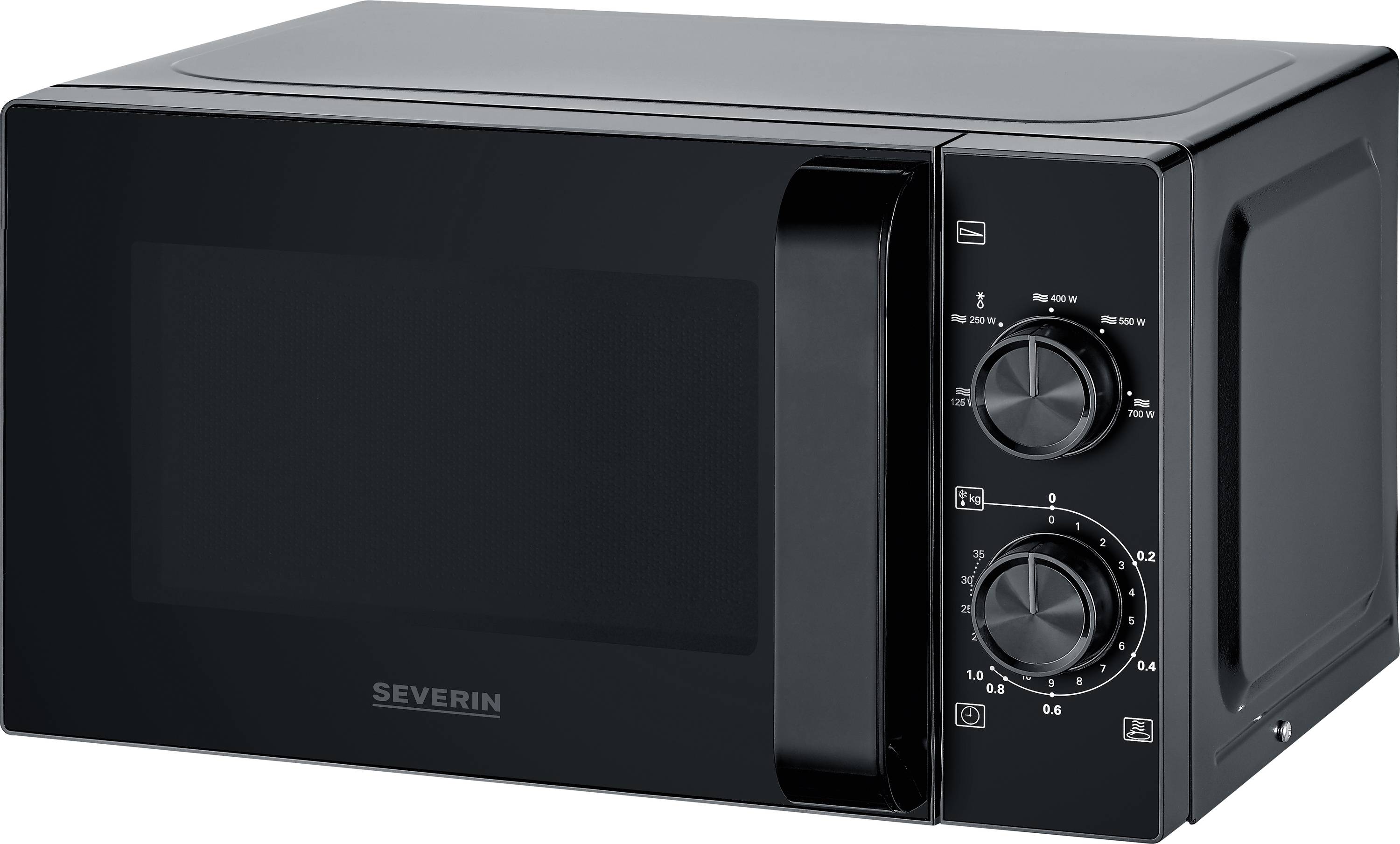 A black microwave with a windowed door and two circular dials for settings on the right side. The brand logo is at the bottom left.