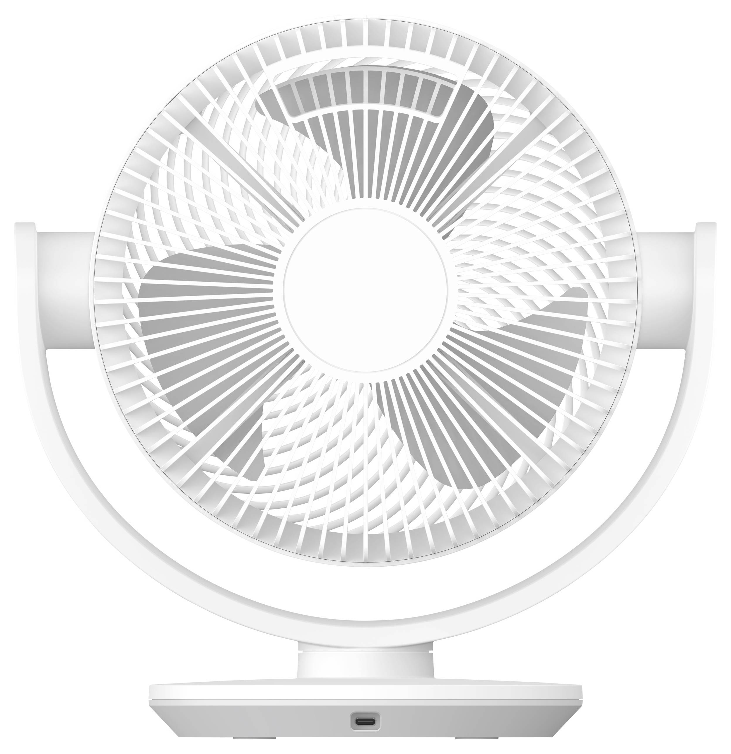 A modern, white tabletop fan with a circular design and three blades is shown front-facing, highlighting its minimalist style.