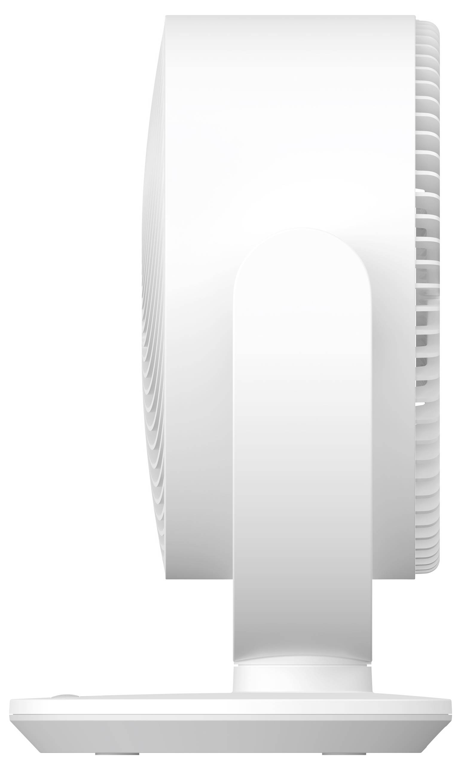 A side view of a modern white table fan with a circular grille, showing its minimalist design and sturdy base.
