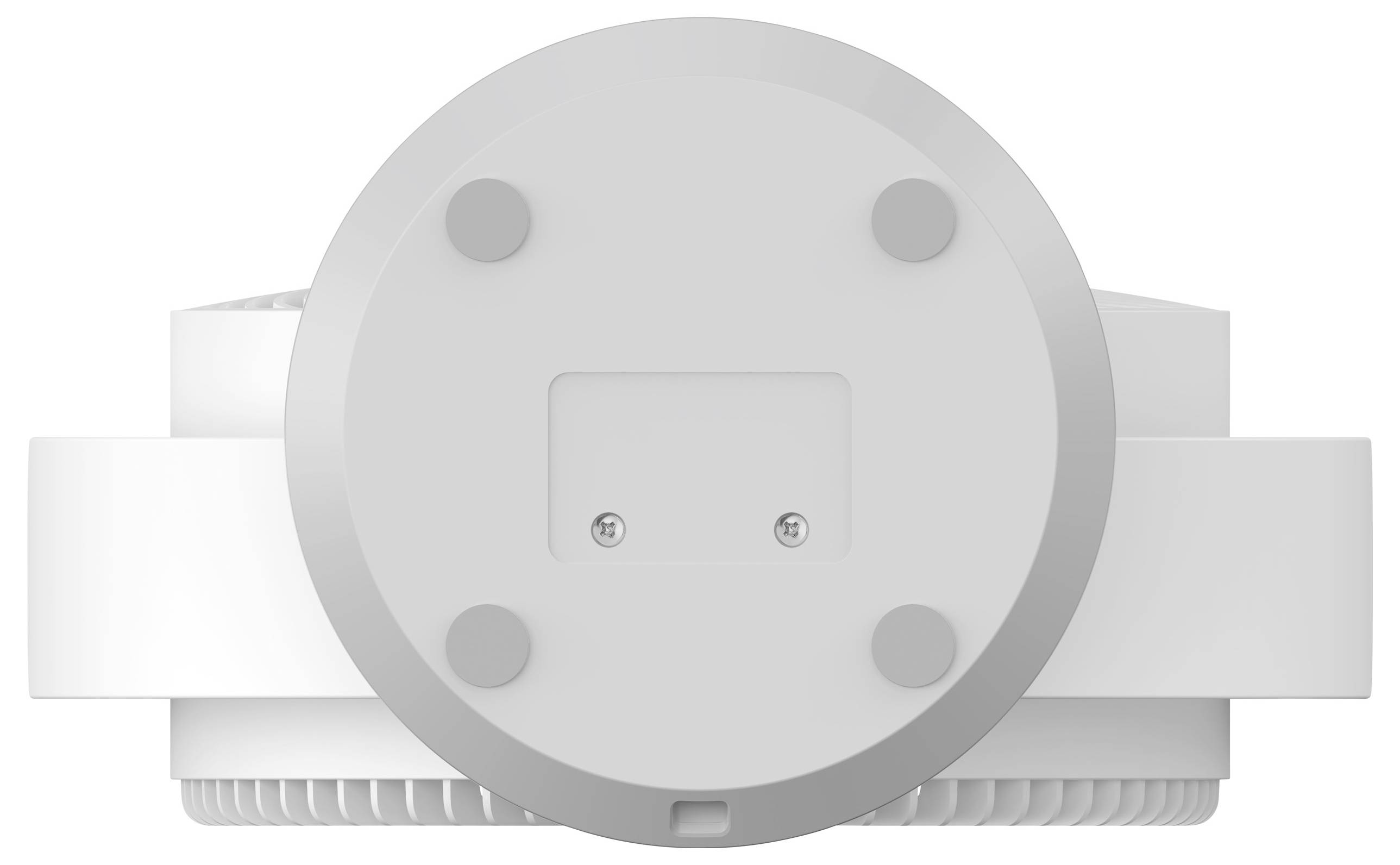 A white ceiling-mounted device with a circular base, possible smoke detector or similar safety equipment, shown from below.
