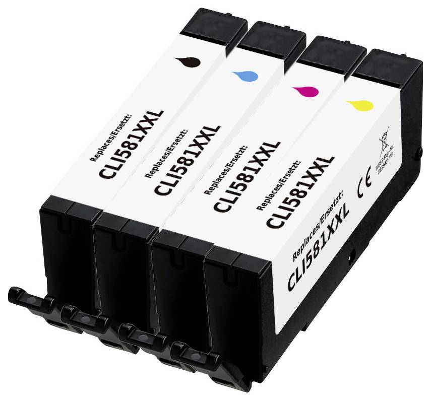 Set of four replacement printer ink cartridges labeled CLI-581XXL in black, cyan, magenta, and yellow