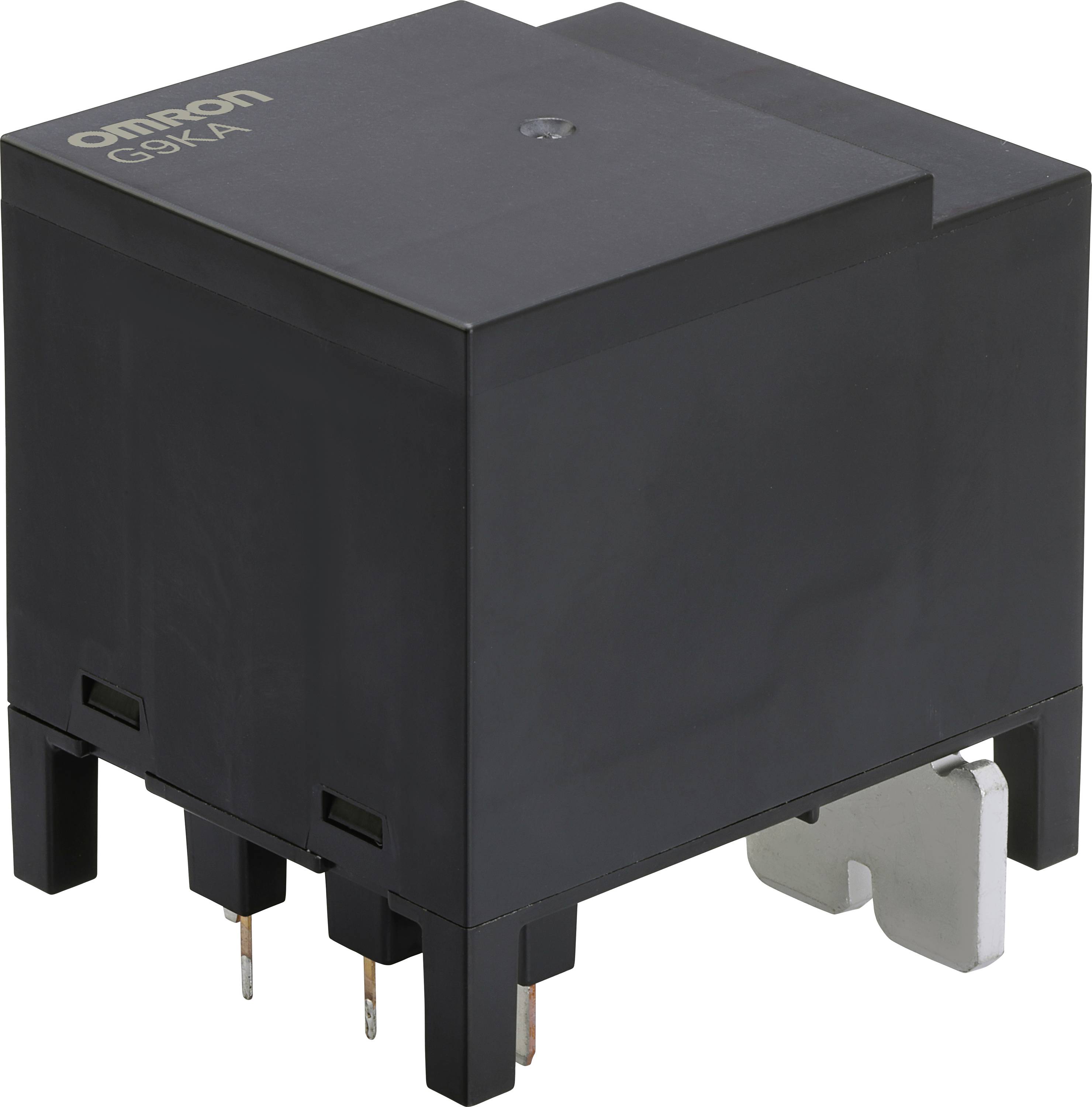 A black Omron G9KA relay, showing its rectangular shape, multiple prongs at the bottom, and a silver metal terminal on the side.