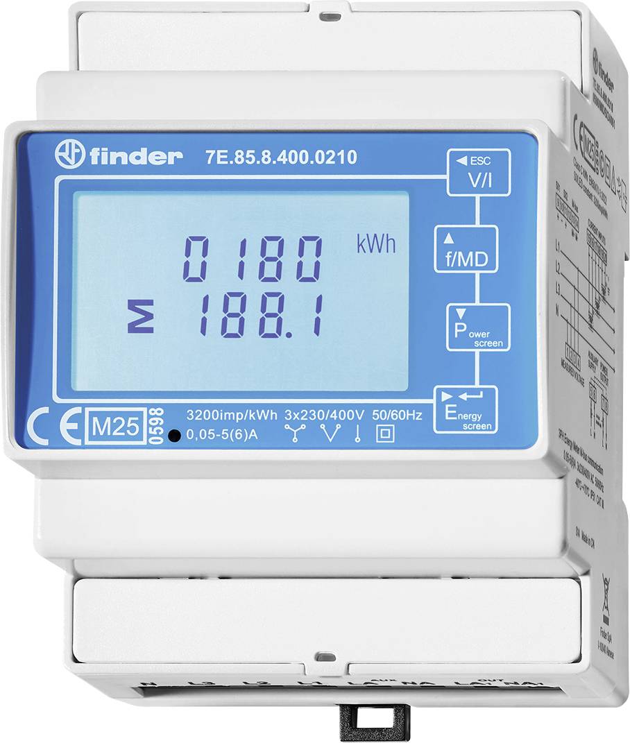 An electric meter with a digital display showing '0180 kWh' and '188.1'; model 7E.85.8.400.0210, brand Finder. Used for energy measurement.