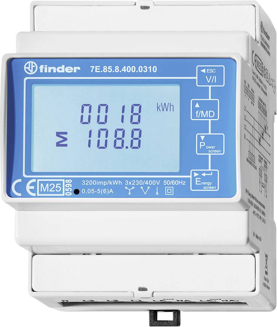 An electricity meter displaying '0018 kWh' and '108.8' on a digital screen. It features various buttons on the right side.