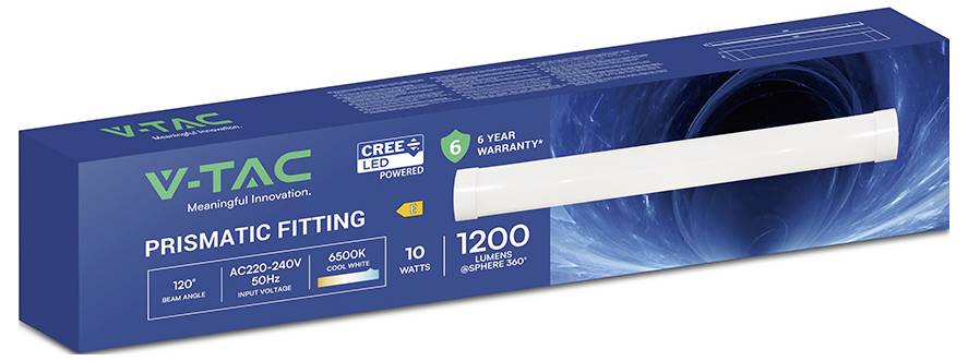 'V-TAC Prismatic Fitting' packaging with key features: CREE LED, 1200 lumens, 6-year warranty, 10W, 6500K daylight, 220-240V, 50Hz.