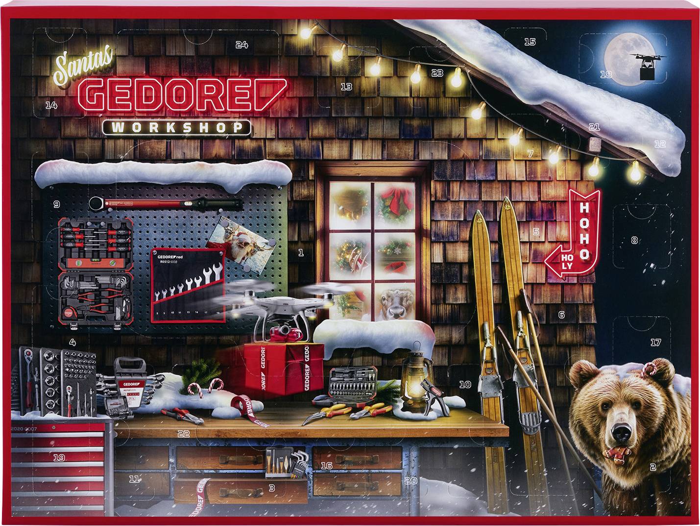 A workshop with tools, skis, and a bear. A neon 'Gedore' sign and 'Ho Ho Ho' decoration are visible. Santa's sleigh is seen outside.