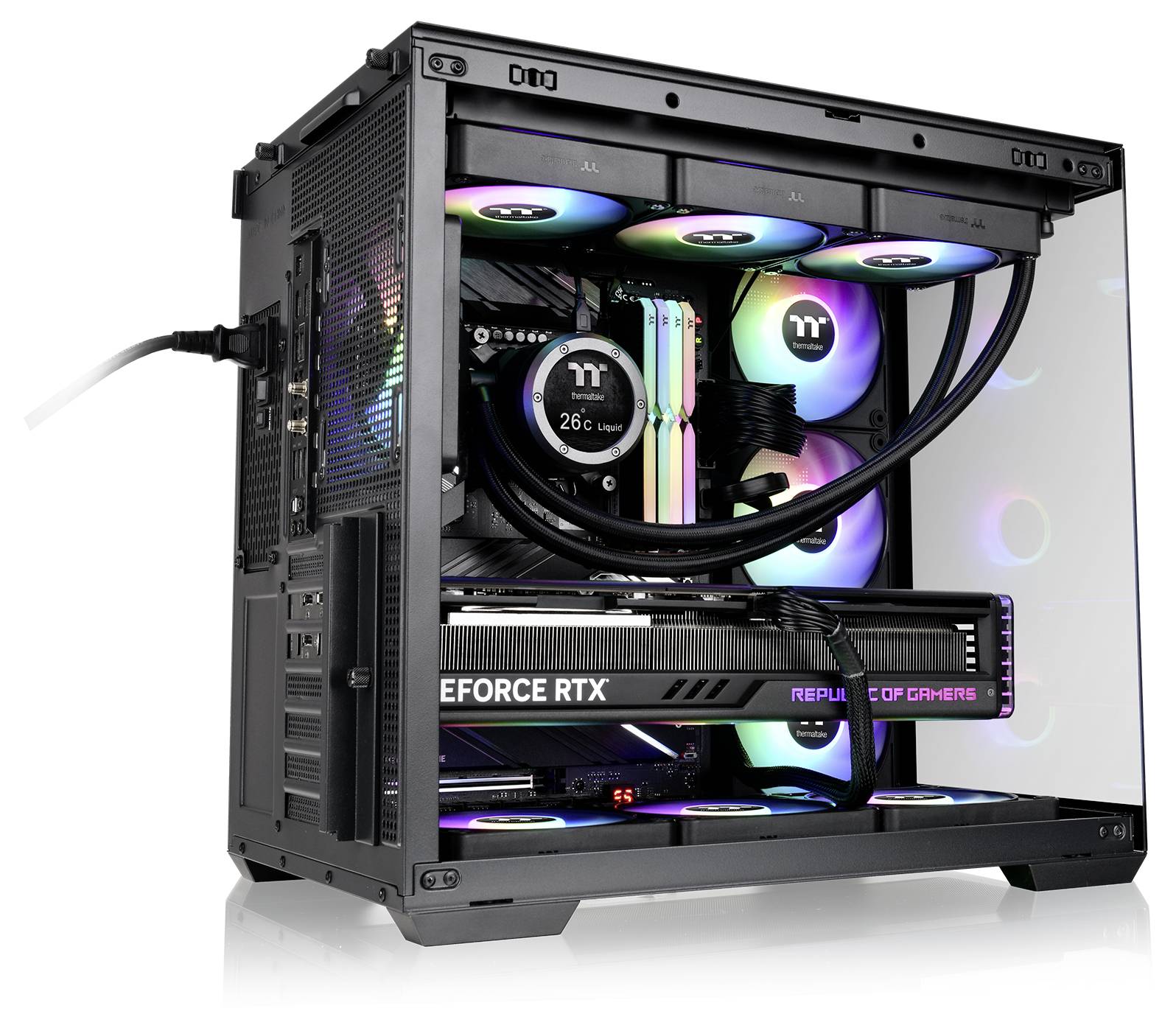 A high-performance gaming PC with RGB lighting, showing a large graphics card labeled 'GeForce RTX' and liquid cooling system.