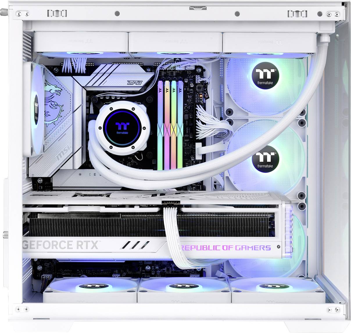 A white gaming PC with visible components, including RGB-lit fans, RAM, and a 'GeForce RTX' graphics card.