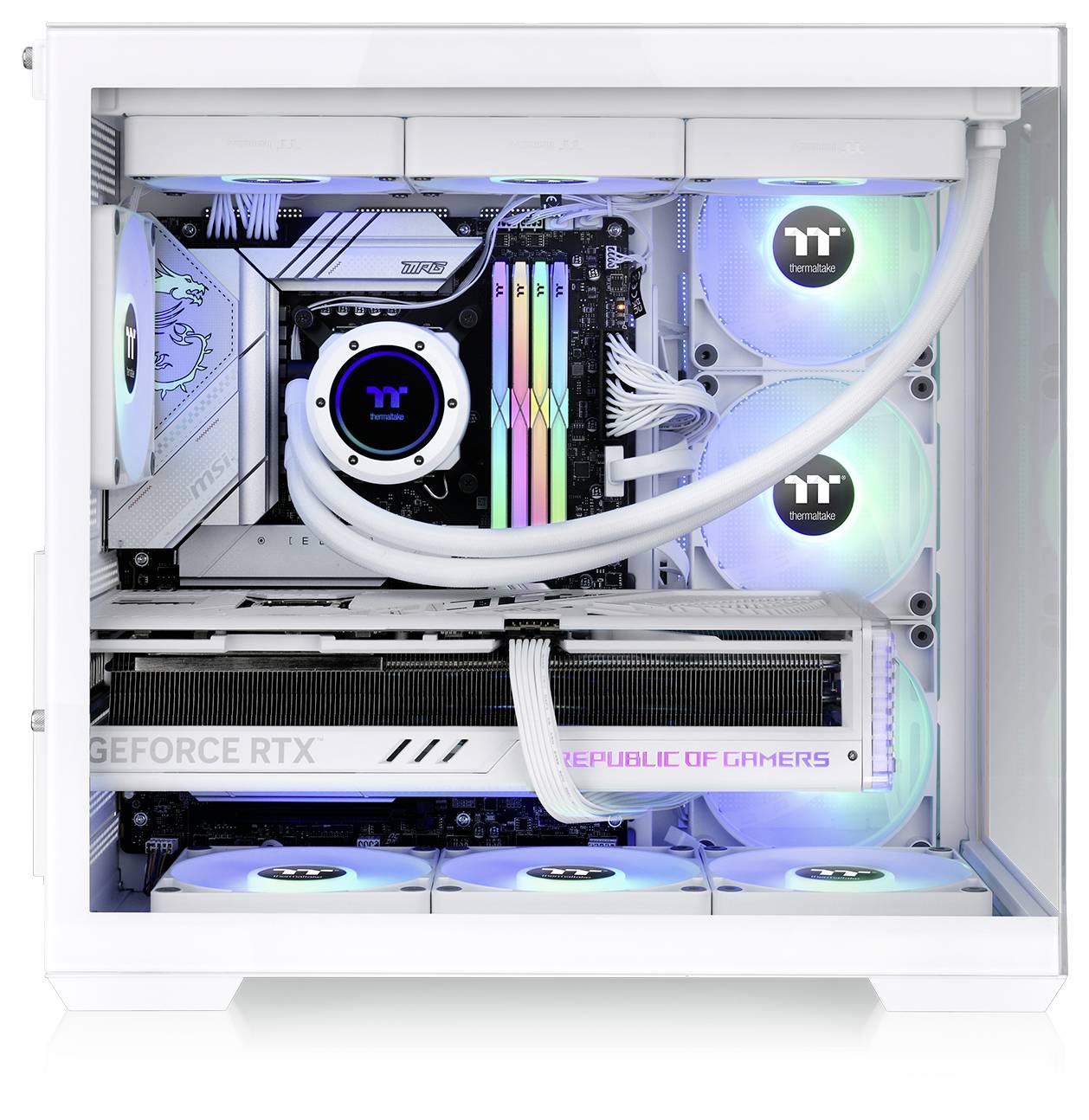 A white gaming PC with side glass panel showing internal RGB-lit components, including fans, RAM sticks, and a graphics card labeled 'GeForce RTX'.