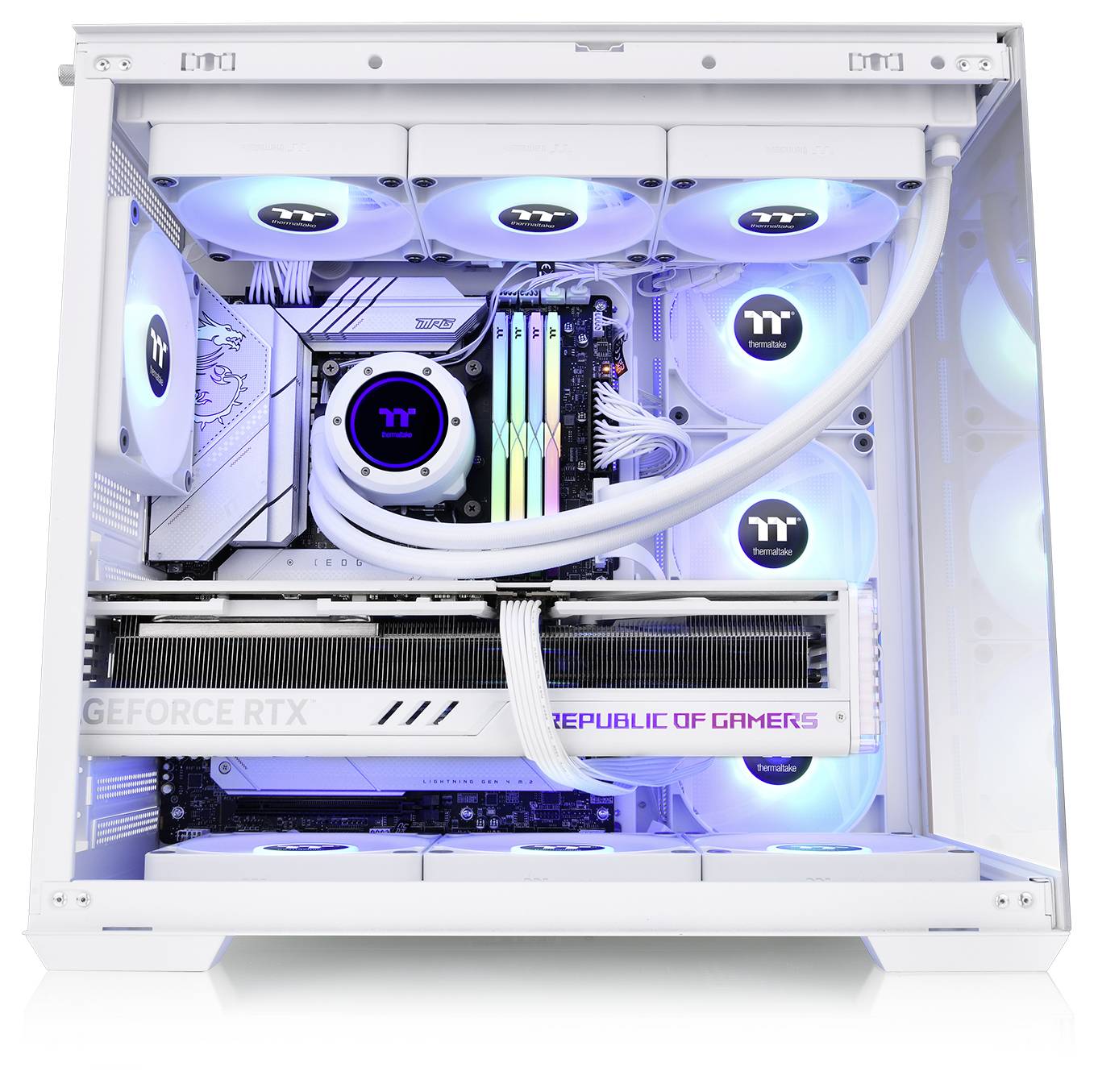 A custom-built gaming PC with RGB lighting, featuring a GeForce RTX graphics card and a liquid cooling system in a white case.