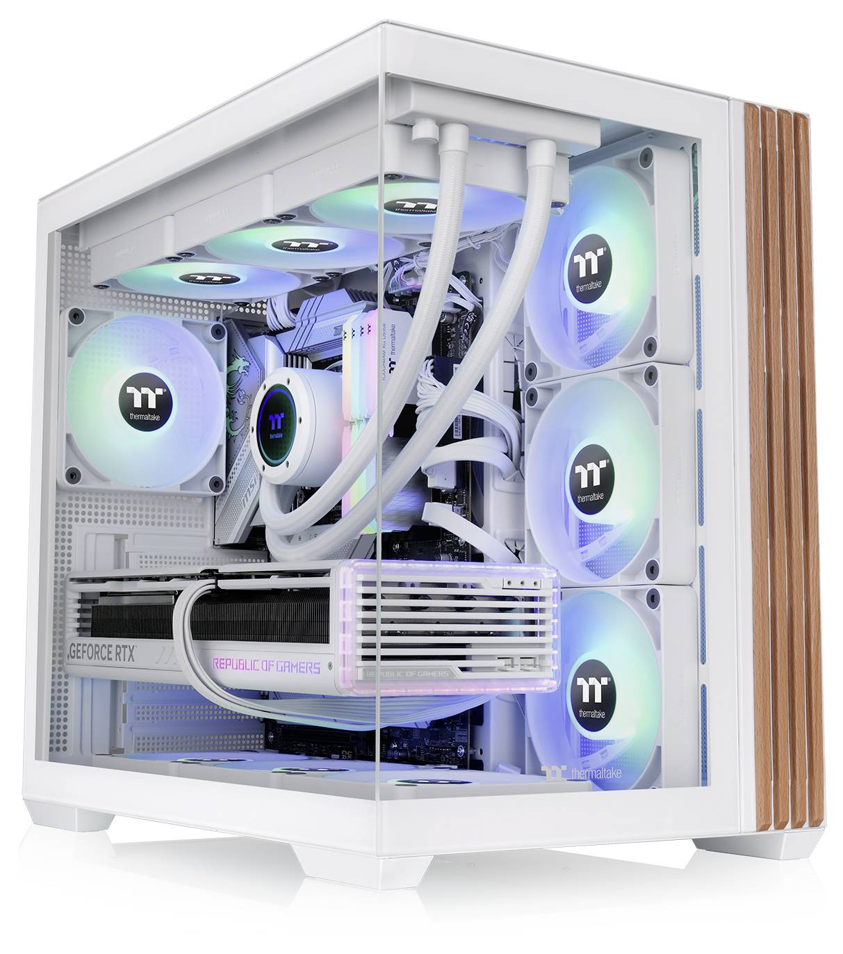 A high-performance gaming PC with RGB lighting, featuring multiple cooling fans and an Nvidia GeForce RTX graphics card.