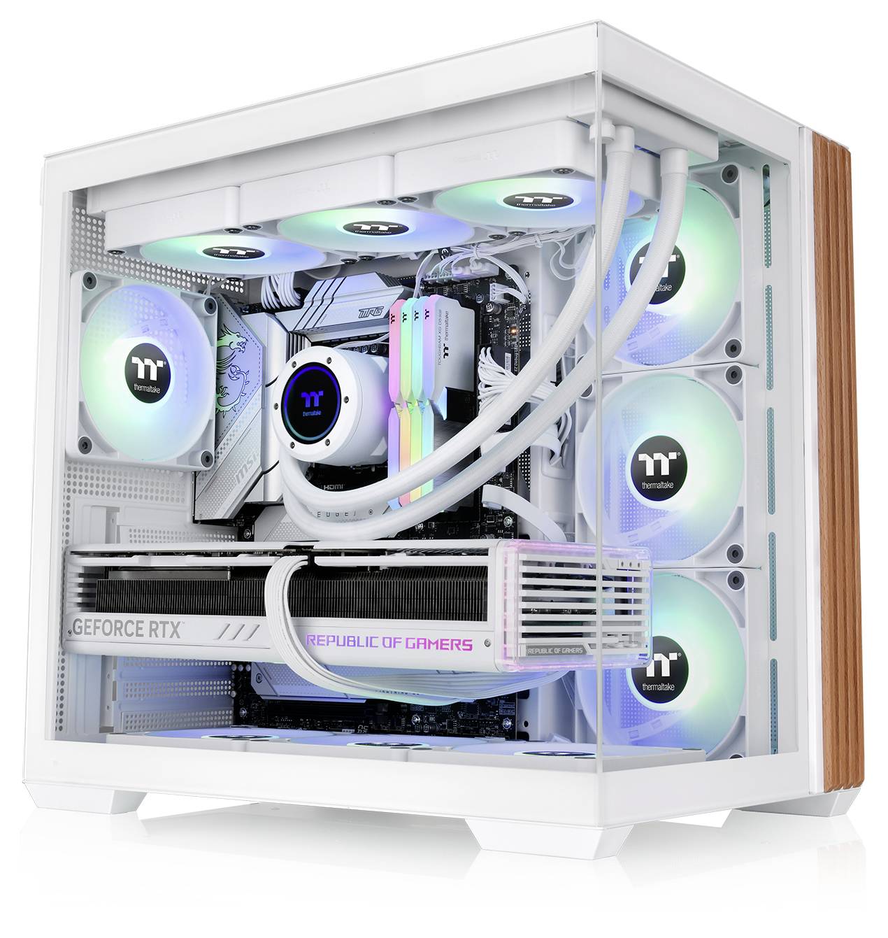 A custom-built gaming PC with RGB lighting, featuring a 'Republic of Gamers' graphics card and Thermaltake components in a white case.