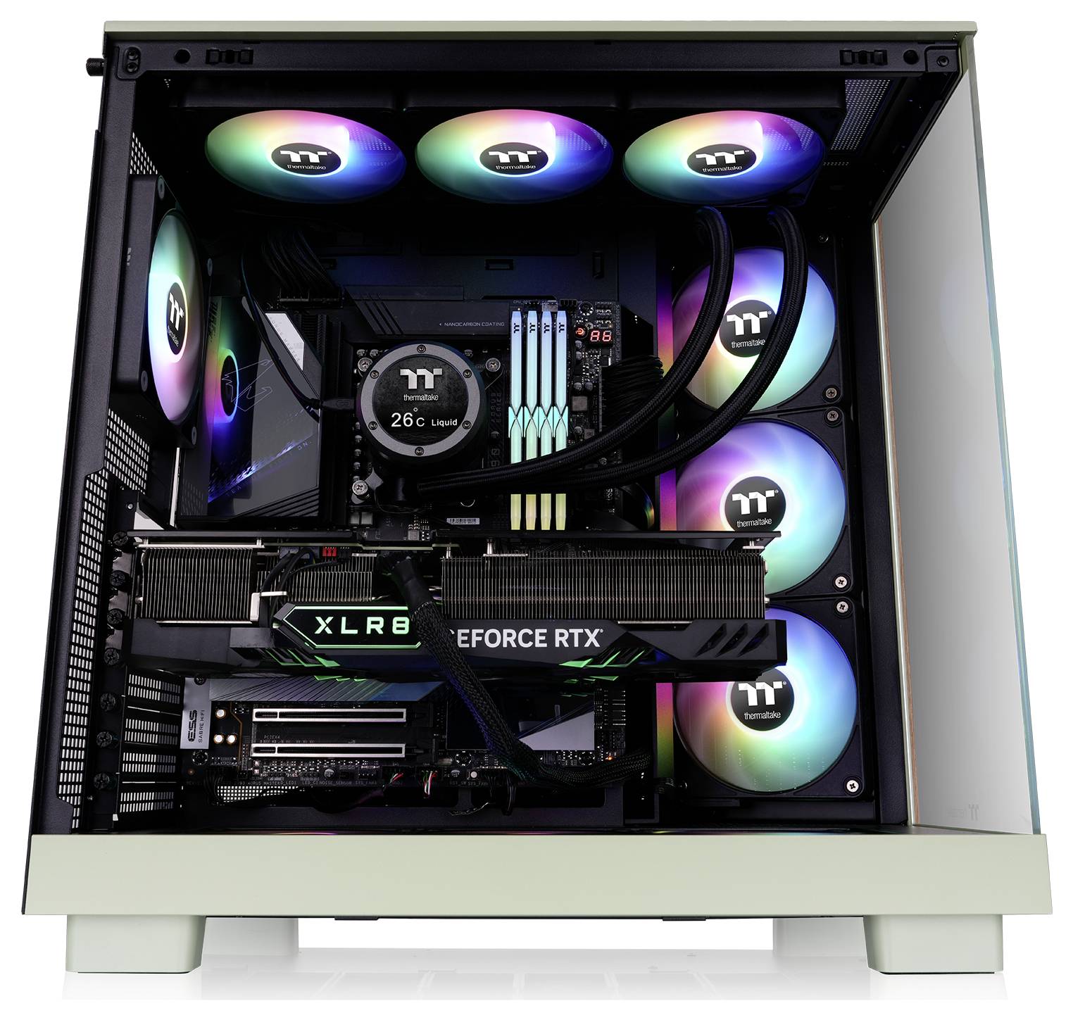 A computer tower with RGB lighting, showing an XLR8 GeForce RTX graphics card, multiple fans, and cooling components inside a glass case.