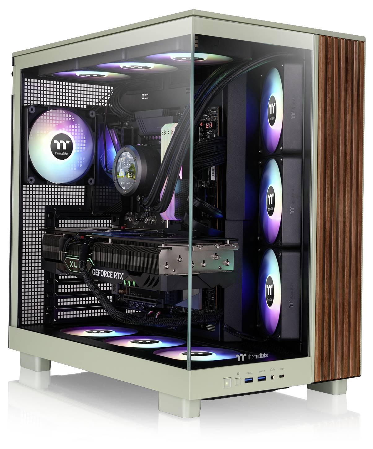 A modern gaming PC with RGB lighting, featuring a glass side panel revealing internal components such as a GeForce RTX GPU and cooling fans.
