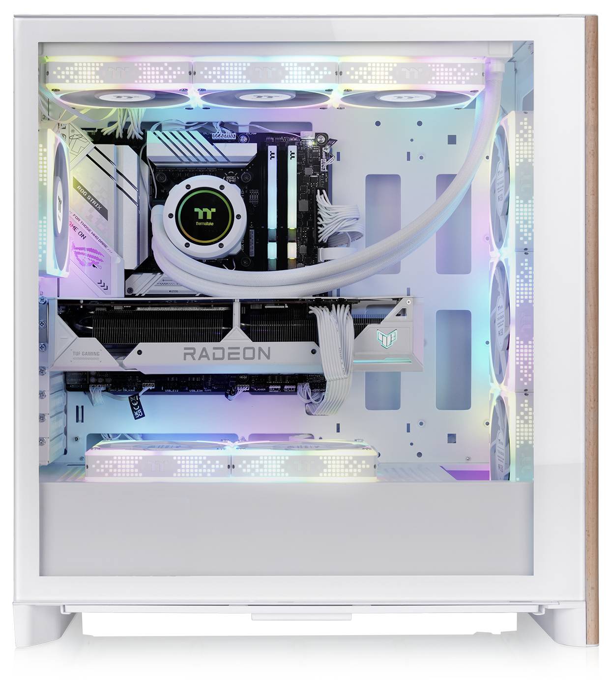 A white PC case with visible liquid cooling, a 'Radeon' graphics card, and RGB lighting, showcasing internal components and cable management.
