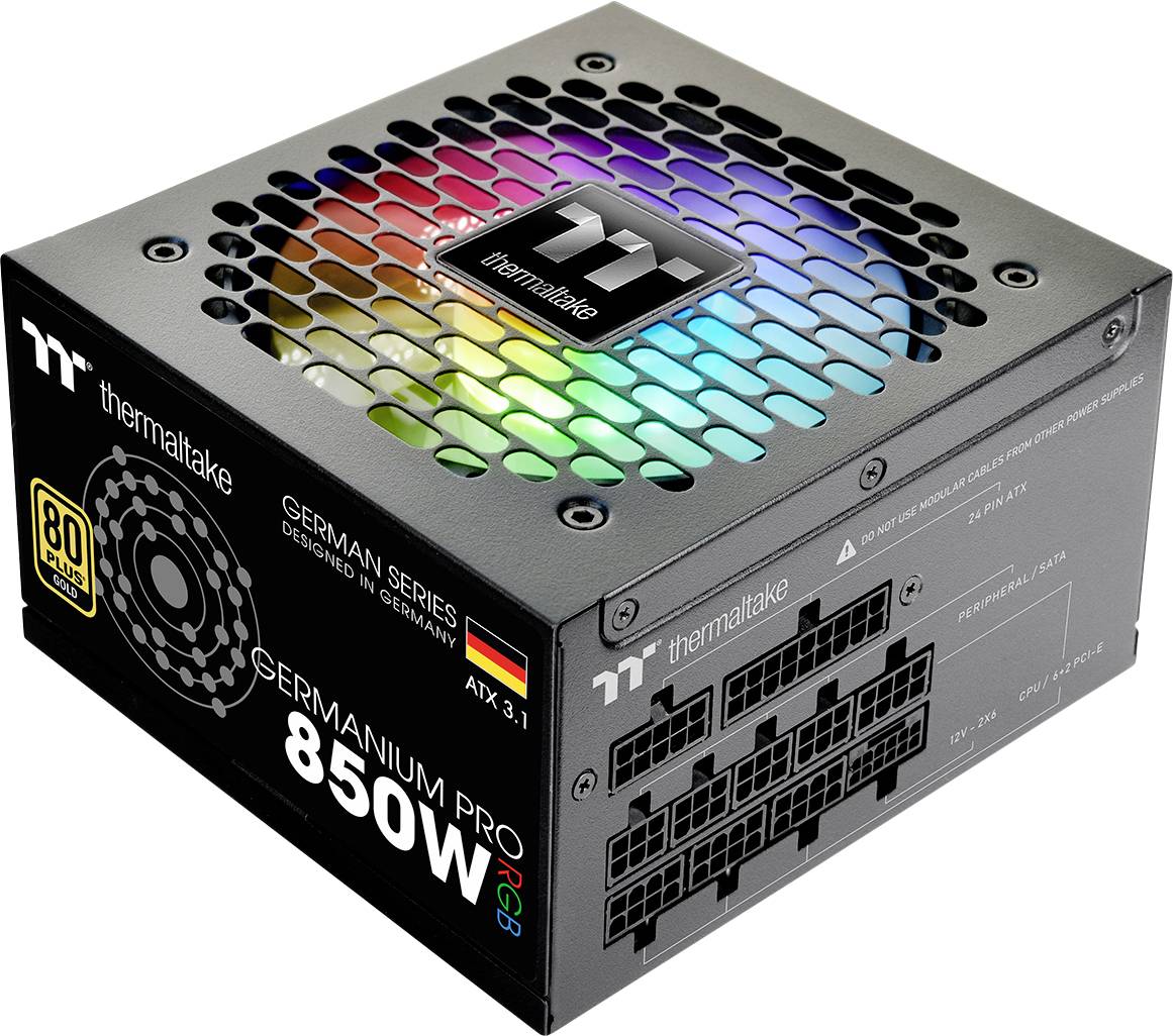 Thermaltake Sermanium Pro 850W RGB power supply unit. Features include RGB lighting, various ports, and 80 Plus Gold certification.