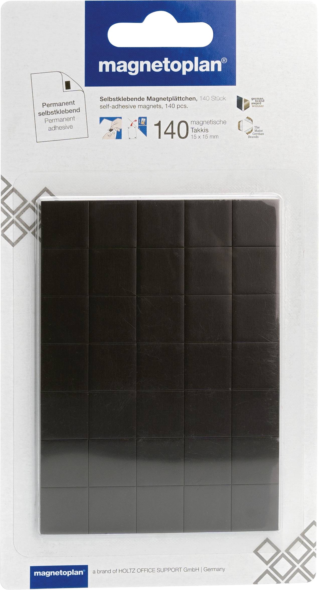 'Magnetoplan' package with 140 black self-adhesive magnets, shown arranged in a grid, used for organizing or attaching items on surfaces.