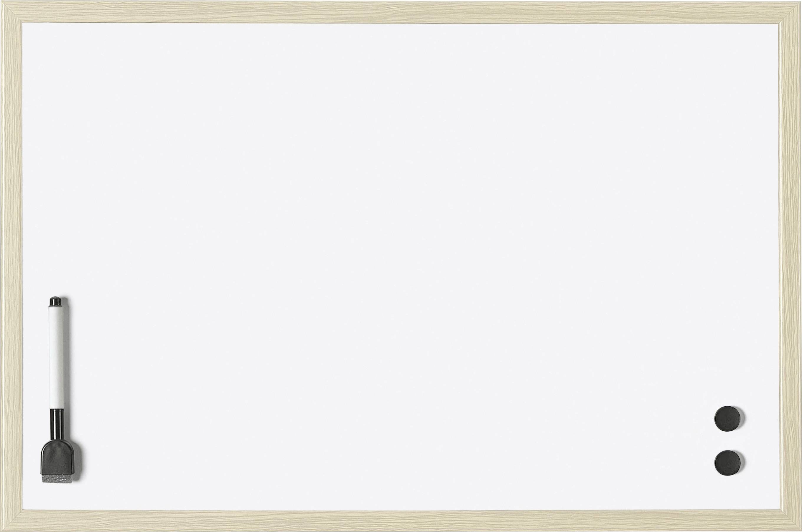 A blank whiteboard with a light wooden frame, two circular magnets on the bottom right, and a dry-erase marker in a holder on the left.