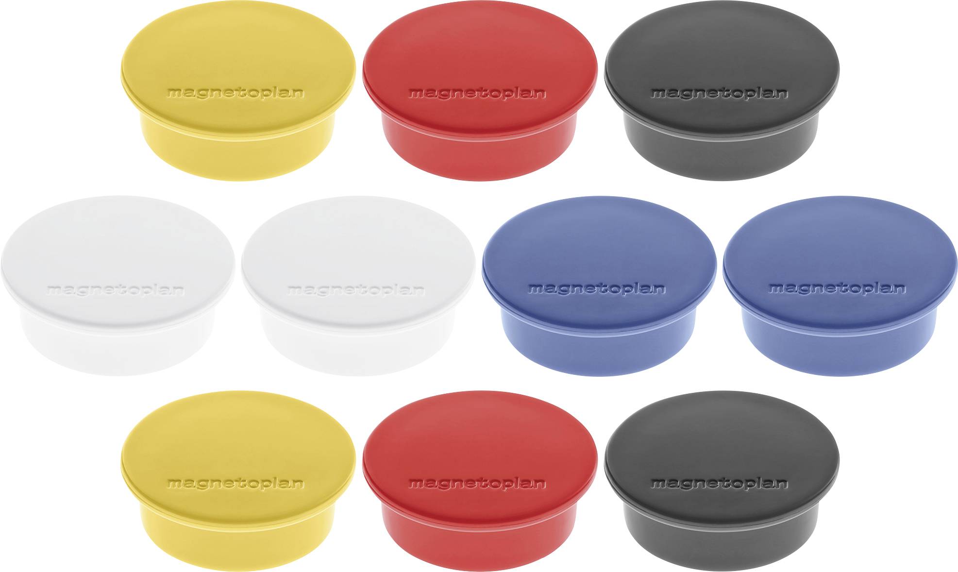 Ten round magnets in two rows; colors are yellow, red, white, and dark gray. Each magnet has the word 'magnoplan' embossed on top.