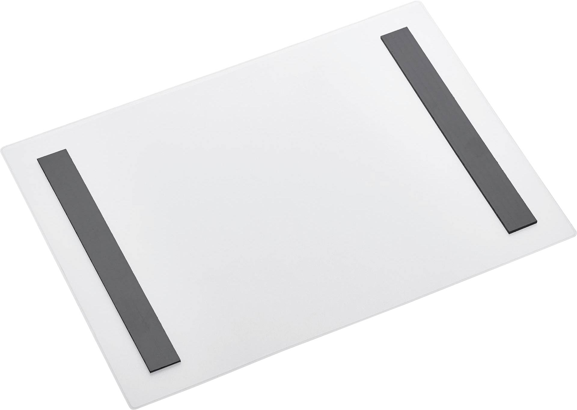A rectangular white cutting board with two parallel black strips on the surface, likely for grip or alignment purposes.