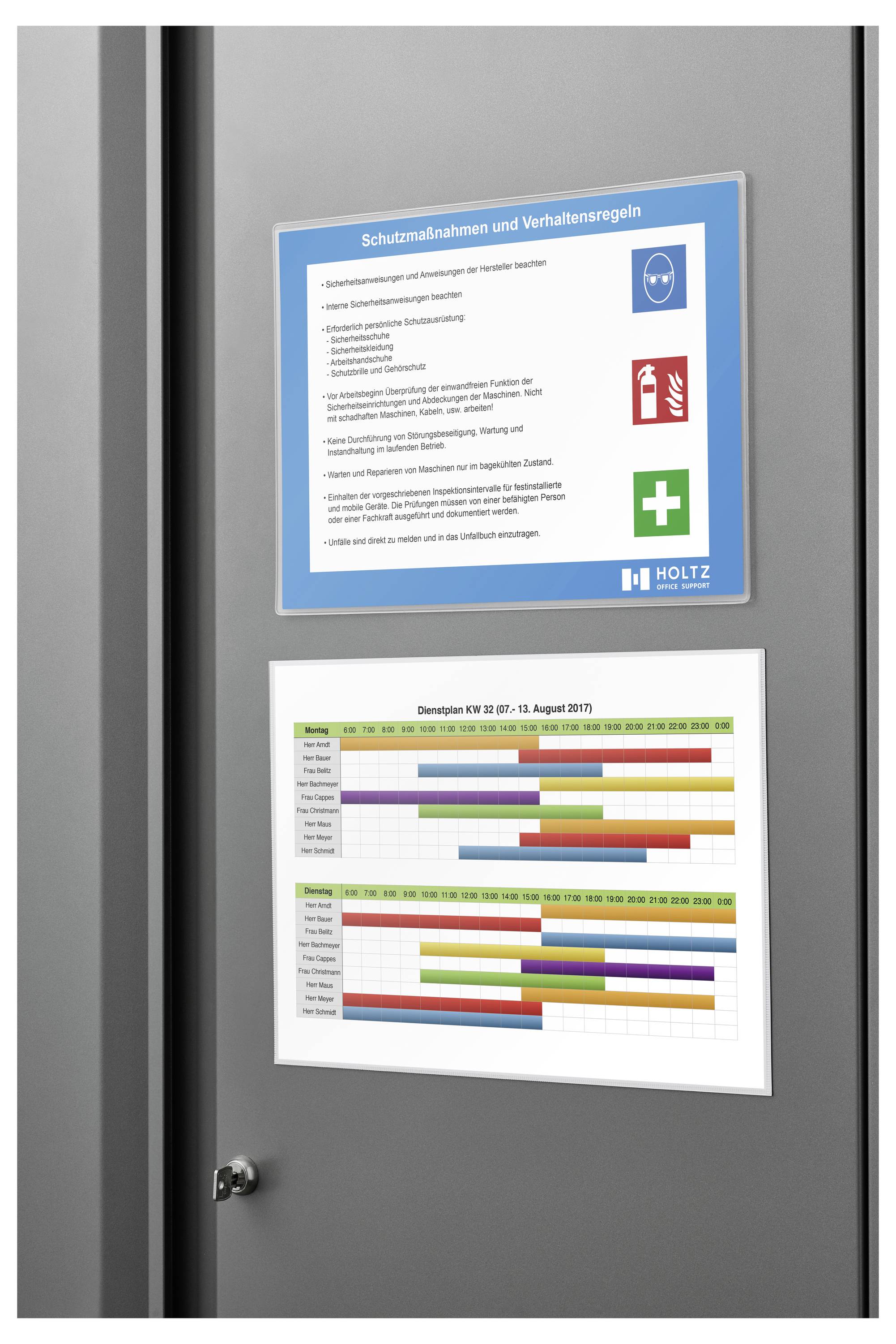 'Schutzmaßnahmen und Verhaltensregeln' safety poster and colored work schedule for 17th to 21st August 2015 on gray wall.